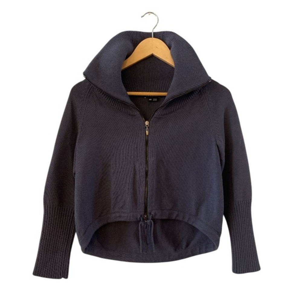 Theory Women's Charcoal Fold‎ Over Collar High Low Cropped Double Zip Sweater M